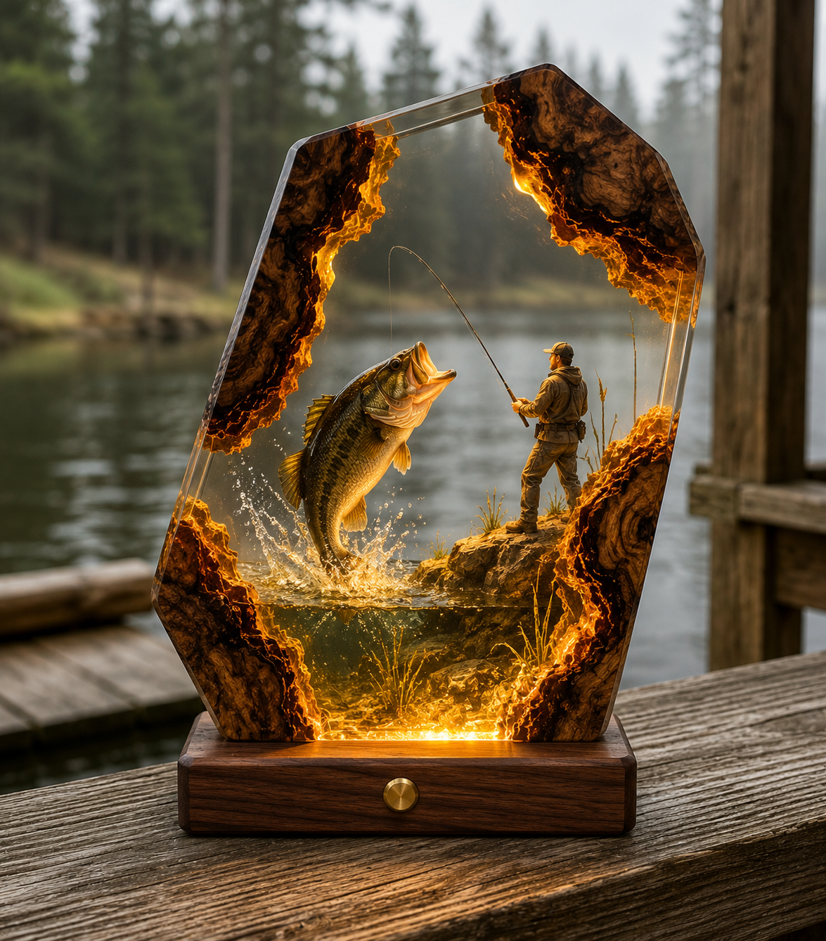 fisherman + big bass resin lamp